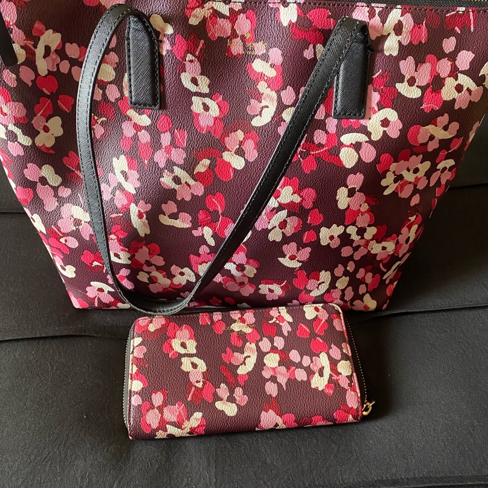 Kate Spade Floral Tote and Wallet Set - Burgundy Pink Floral